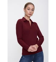 Chuba Kadın Bordo Polo Yaka Rahat Kalıp Fitilli İnce Triko Kazak 22WK203