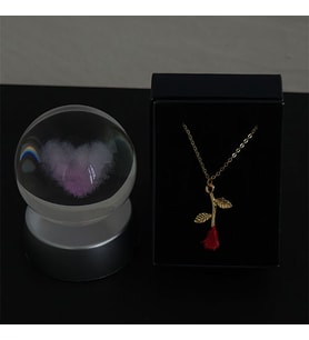 Kalp  Model Cam Küre Işıklı & Gül Kolye Özel Kutulu Set
