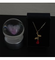 Kalp  Model Cam Küre Işıklı & Gül Kolye Özel Kutulu Set