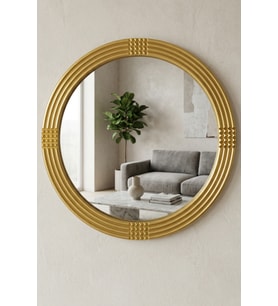 Safir Ahşap Gold Dekoratif Ayna Yuvarlak Ayna Işlemeli Duvar Aynası Tekli - 69 Cm