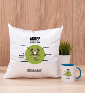 Kişiye Özel Akrep Burcuna Hediye Kare Yastık ve Mavi Kupa
