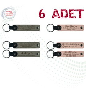 Kül Gri & Pudra, 6’lı Set, İsim Yazılabilen Deri Anahtarlık, Küçük Aile Kutlamalarına Özel Anı