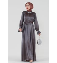Simli Taşlı Abiye Elbise-Kahverengi