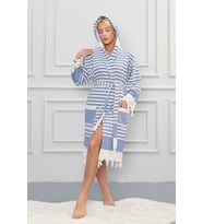 Yg Home Pamuk Unisex Kapüşonlu Peştamal Bornoz - Bella (Mavi)