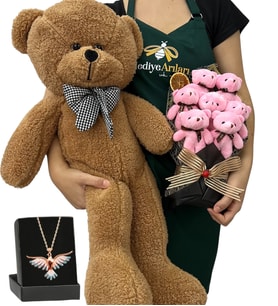 Premium Hediye Seti - Renkli Anka Kuşu Kolyeli, 7'li Ayıcık Buketli ve Kahve Peluş Ayıcıklı Set (Model 2)