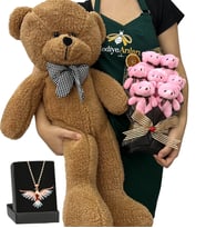 Premium Hediye Seti - Renkli Anka Kuşu Kolyeli, 7'li Ayıcık Buketli ve Kahve Peluş Ayıcıklı Set (Model 2)