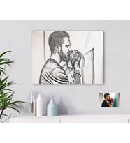 BK Gift Kişiye Özel Tam Boy Karakalem Köpek ve Erkek Karikatürlü Kanvas Tablo-1