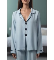 Kadın Şık Rahat Uzun Kollu Boru Paça Kalpli Biyeli Viskon Dokuma Pijama Takımı (Açık Mavi)