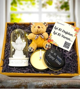 Kişiye Özel Işıklı Beyaz Melek Fanus & Kokulu Mum & Peluş Ayıcık