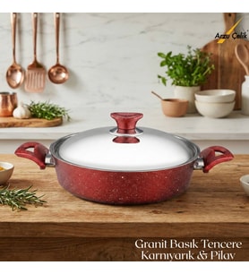 ARZU ÇELİK 26 Cm Granit Karnıyarık & Pilav Tenceresi Çelik Kapak - Kırmızı