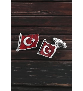 Gümüş Türk Bayraklı Mineli Kol Düğmesi