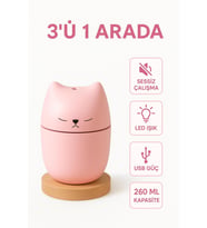3’ü 1 Arada Mini Kedi Şekilli Hava Nemlendirici, LED Işık, USB Aromaterapi Difüzör