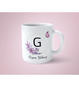 Kişiye Özel G Baş Harfli İsimli Mor Çerçeveli Beyaz Kupa Bardak-1