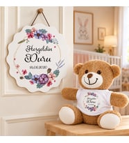Kişiye Özel Bebek Kapı Süsü (Peluş Ayıcık Hediyeli) – Baby Shower / Hastane Odası