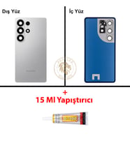 Samsung Galaxy S26 Ultra Gümüş Renk Lensli Arka Kapak + B7000 Yapıştırıcı Arka Cam Batarya Kapağı Pil Kapağı Lazer Kesim Back Cover Galaxy S26 Ultra Uyumlu