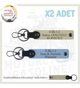 Motorcycle Rider, İsim Plaka ve 0 Rh (+) Kan Grubu Yazılı 2li Set Anahtarlık Hediye, Mavi-S Kahve-SK (Çok Renkli)