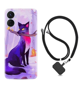 Tecno Spark 9T Kılıf Silikon Boyun Askılı İpli Desenli Silikon Mor Kurt 1614
