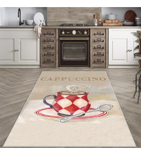 Bej Cappuccino Yazılı Yıkanabilir Kaymaz Taban Leke Tutmaz Modern Salon Halısı ve Yolluk (Bej-Kırmızı)