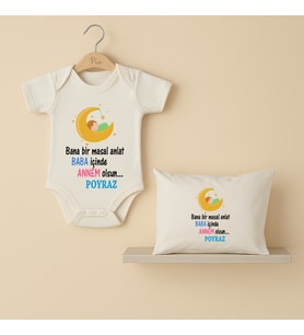 Pia Baby B40 %100 Pamuk Bana Bir Masal Anlat Baba İçinde Annem Olsun Yazılı İsme Özel Tasarlanabilir Bebek Body Ve Yastık Kılıfı (Ekru)