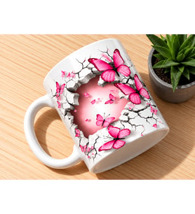 3D Efektli Pembe Kelebek Desenli Kelebek Severlere Hediye Porselen Kupa Bardak