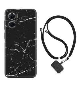 Xiaomi Redmi Note 11E Kılıf Resimli Boyun Askılı İpli Desenli Silikon Siyah Mermer 1299