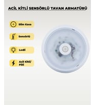 Acil Kitli Pilli LED Sensörlü Slim Tavan Armatürü 6500K Beyaz Işık Şarjlı Acil Aydınlatma