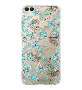 PrintiFy Huawei PSmart (2018) Uyumlu Kamera Korumalı Floral Su Yeşili Tasarımlı Şeffaf Kılıf