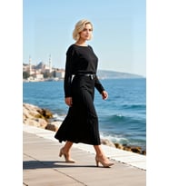 Kadın Kazak Elbise A line Maxi Triko Kayık Yaka Standart Uzun Kol Fitilli Dokuma Düz Desen