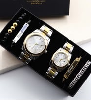 Kişiye Özel Kutulu Gold/Silver Çift Saati, Çift Bileklik, Sevgili Kombini, Saat ve Bileklik Hediye Seti