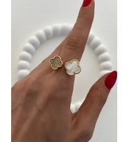 Özel Seri Yonca Tasarım Sedef Detaylı Ayarlanabilir Gold Yüzük