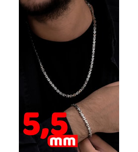 Erkek Gümüş Kolye Bileklik Set - 5.5mm Euro Kral Zincir Oksitli Model Erkek Set