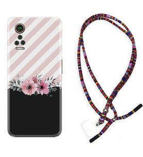 General Mobile GM 21 Pro GM 22 Pro Plus Kılıf Boyun Asklı Rasta Silikon Strip Pink Flowers 1396