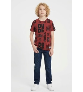 Erkek Çocuk Yazı Görselli - Geniş Kesim T-Shirt 8-12 Yaş 12557 MODANINO (Kiremit)