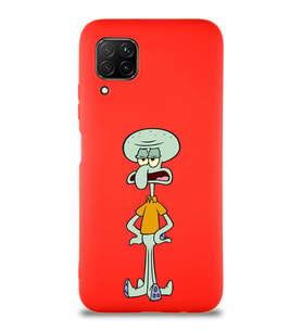 Huawei P40 Lite Soft Premier Kapak Squidward Dokunaç Tasarımlı Silikon Kılıf - Kırmızı (Şeffaf)