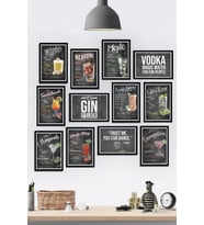 12 Parça Çerçeve Görünümlü Kokteyl Bar Cafe Çeşitleri Temalı Mdf Tablo Seti (80x80 Cm)