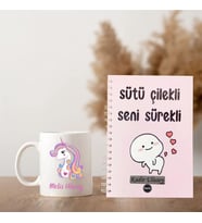 Kişiye Özel Unicorn Tasarımlı Kupa & “Sütü Çilekli Seni Sürekli” Spiral Ajanda Hediye Seti