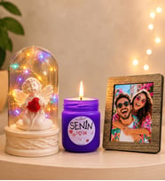 Kişiye Özel Fotoğraflı Renkli LED Işıklı Fanus (beyaz melekli) ve Kokulu Cam Mum Seti