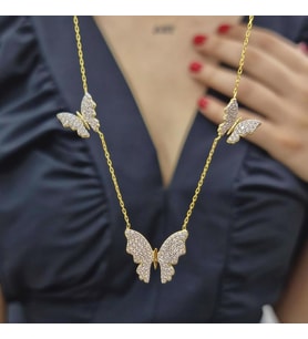 3Lü Kelebek Gold Kaplama 925 Ayar Gümüş Kolye (Karışık)