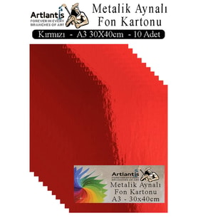 Metalik Aynalı Fon Kartonu 10 lu A3 30x42 cm 1 Paket Okul Sınıf Dekoratif Pırıltılı Folyo Kağıt Dekoratif Anasınıfı Kreş (Kırmızı)
