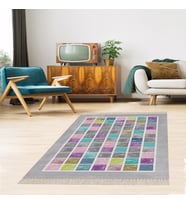Geometrik Kare Blok Desenli Dijital Baskı Yıkanabilir Kaymaz Taban Modern Salon Halısı (Renkli) (Çok Renkli)