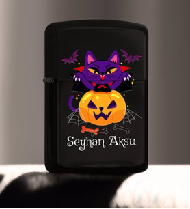 BK Gift Kişiye Özel Happy Halloween Tasarımlı Renkli Baskılı Siyah Benzinli Metal Çakmak-13
