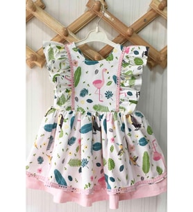 Fırfır Detaylı Flamingo Desenli Kolsuz Kız Çocuk Bebek Elbise (Pudra)