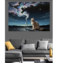 Gece Beyaz Kedi Dekoratif Kanvas - Mdf Ahşap Tablo