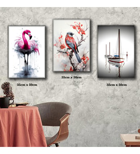 pembe kuğu daldaki kuş denizdeki tekne tablosu 3 adet 35cmx50cm kumaş baskılı canvas tablo
