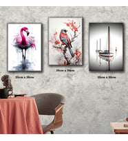 pembe kuğu daldaki kuş denizdeki tekne tablosu 3 adet 35cmx50cm kumaş baskılı canvas tablo