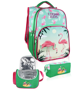 Lugmo Flamingo 3 Lü İlkokul Çanta Seti  Kız Çocuk Çantası Astarlı Pedli Yeşil-Pembe