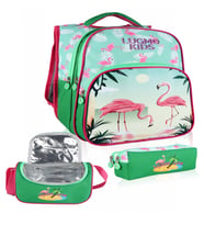 Lugmo Flamingo 3 Lü İlkokul Çanta Seti Kız Çocuk Çantası Astarlı Pedli Yeşil-Pembe