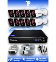 PICAM 10 Kameralı Kare 10 Dış Kamera Set HDD'siz Full HD Gece Görüşlü Güvenlik Kamerası Sistemi