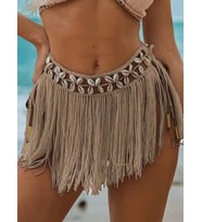Giyim Bej Bikini Üstü Deniz Kabuklu Püsküllü Pareo,beachwear,bikini Üstü El Emeği Plaj Eteği,bohem E