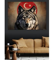 Türk Bayrağı Önünde Bozkurt Portresi Dekoratif Kanvas - Mdf Ahşap Tablo
